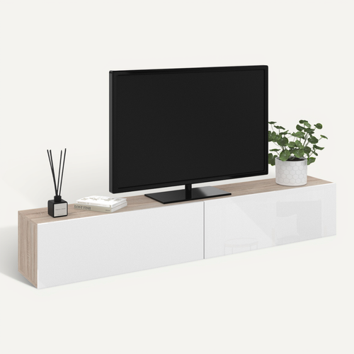 Meuble TV 180 Cm Suspendu Elio 2 Portes Bois Et Blanc
