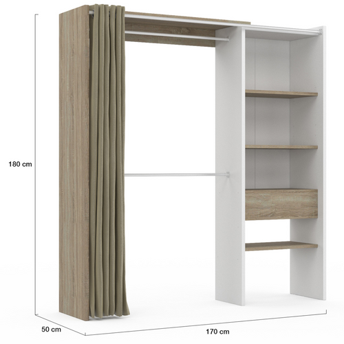 Dressing Extensible Blanc Bois Marty 120/170x50x180cm Avec Rideau + Double Penderie + Étagères
