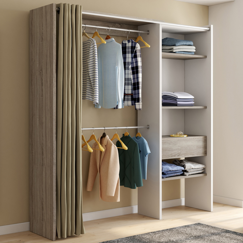 Dressing Extensible Blanc Bois Marty 120/170x50x180cm Avec Rideau + Double Penderie + Étagères