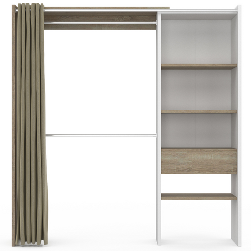 Dressing Extensible Blanc Bois Marty 120/170x50x180cm Avec Rideau + Double Penderie + Étagères