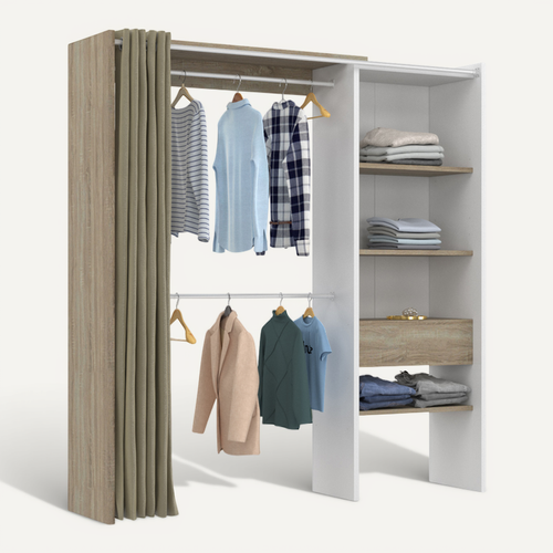 Dressing Extensible Blanc Bois Marty 120/170x50x180cm Avec Rideau + Double Penderie + Étagères