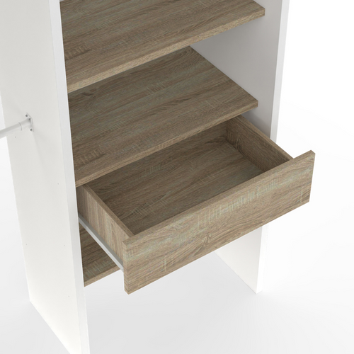Dressing Extensible Blanc Bois Marty 120/170x50x180cm Avec Rideau + Double Penderie + Étagères