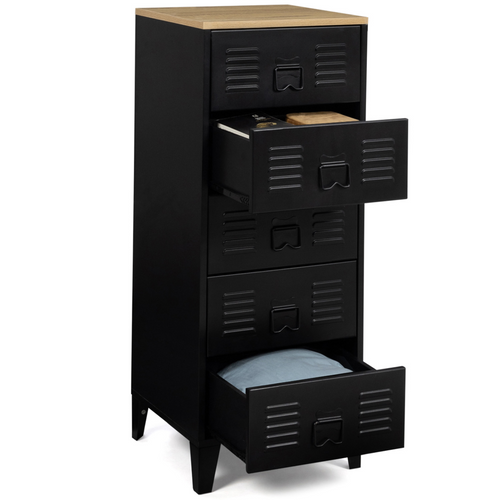 Chiffonnier 5 Tiroirs Ester 40 Cm Métal Noir Et Plateau Façon Hêtre Design Industriel