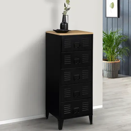 Chiffonnier 5 Tiroirs Ester 40 Cm Métal Noir Et Plateau Façon Hêtre Design Industriel