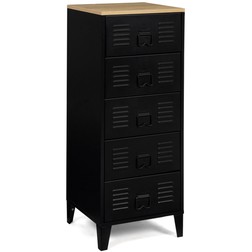 Chiffonnier 5 Tiroirs Ester 40 Cm Métal Noir Et Plateau Façon Hêtre Design Industriel
