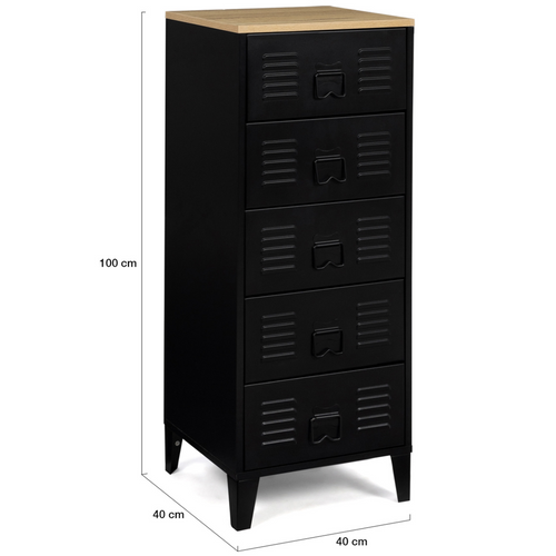 Chiffonnier 5 Tiroirs Ester 40 Cm Métal Noir Et Plateau Façon Hêtre Design Industriel