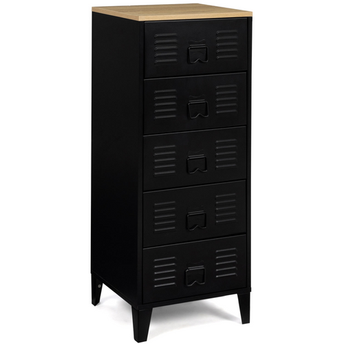Chiffonnier 5 Tiroirs Ester 40 Cm Métal Noir Et Plateau Façon Hêtre Design Industriel