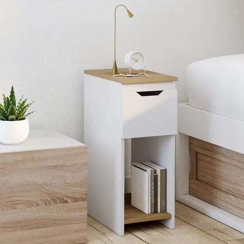 Lot De 2 Tables De Chevet étroites Anouk 1 Tiroir Avec Niche Blanc Et Bois