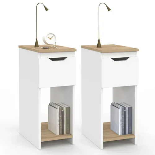 Lot De 2 Tables De Chevet étroites Anouk 1 Tiroir Avec Niche Blanc Et Bois