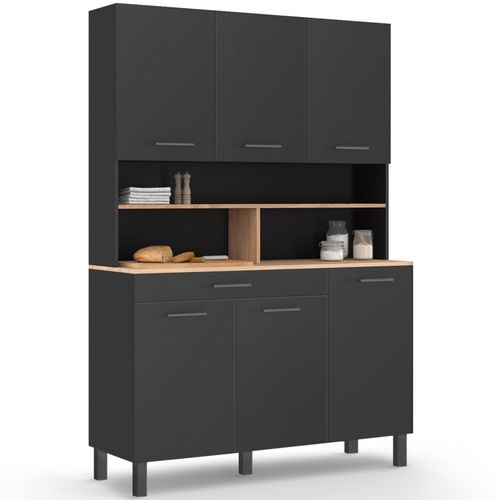 Buffet De Cuisine 120 Cm Cina 6 Portes + Tiroir Noir Et Plateaux Façon Hêtre