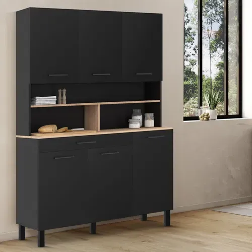 Buffet De Cuisine 120 Cm Cina 6 Portes + Tiroir Noir Et Plateaux Façon Hêtre
