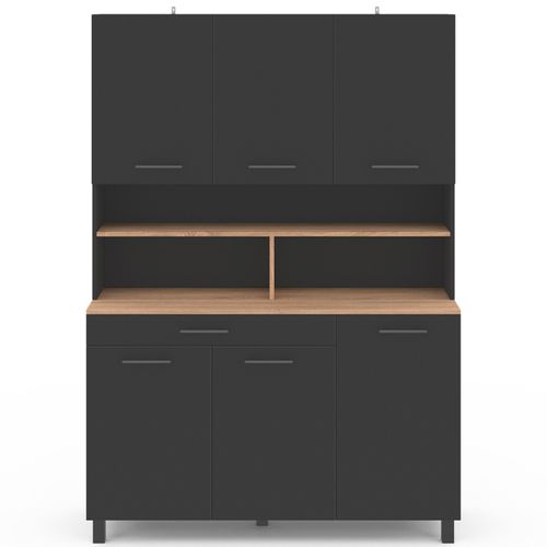 Buffet De Cuisine 120 Cm Cina 6 Portes + Tiroir Noir Et Plateaux Façon Hêtre