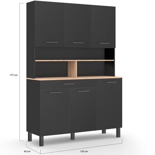 Buffet De Cuisine 120 Cm Cina 6 Portes + Tiroir Noir Et Plateaux Façon Hêtre