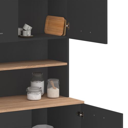 Buffet De Cuisine 120 Cm Cina 6 Portes + Tiroir Noir Et Plateaux Façon Hêtre