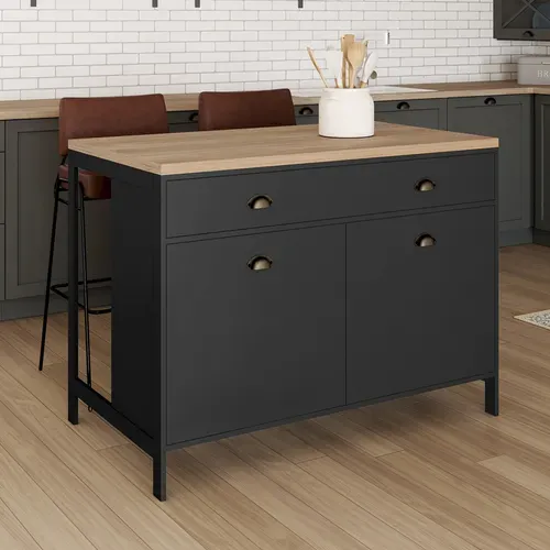 Ilot Central 120 Cm Campagne Isis Plateau Bois Façon Hêtre Et Noir