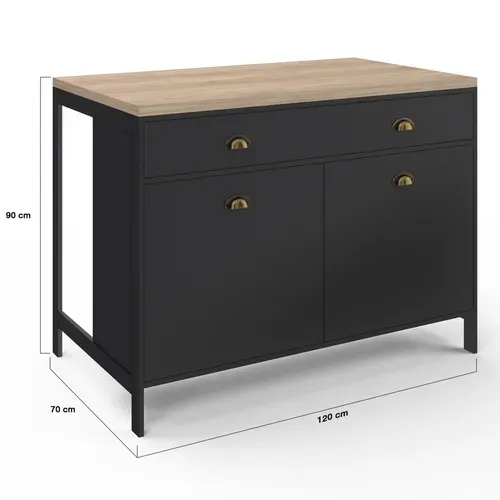 Ilot Central 120 Cm Campagne Isis Plateau Bois Façon Hêtre Et Noir