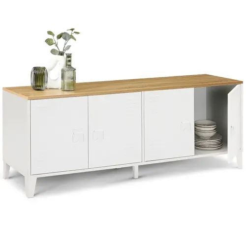 Buffet Bas 140 Cm Ester 4 Portes Métal Blanc Plateau Bois Design Industriel