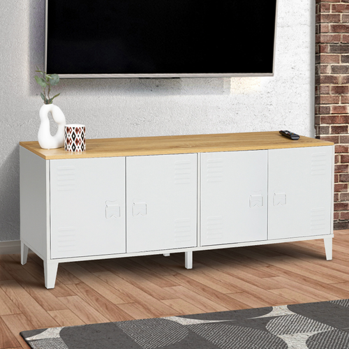 Buffet Bas 140 Cm Ester 4 Portes Métal Blanc Plateau Bois Design Industriel