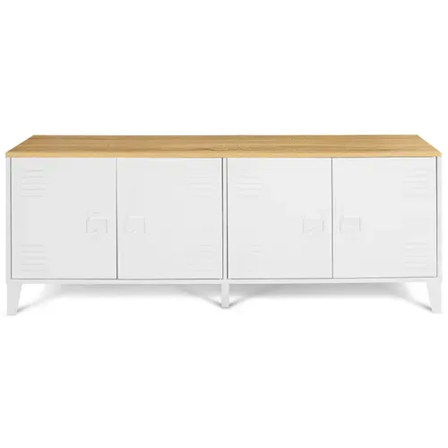 Buffet Bas 140 Cm Ester 4 Portes Métal Blanc Plateau Bois Design Industriel