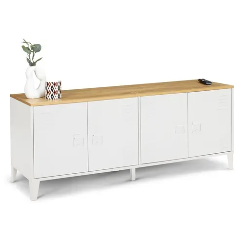 Buffet Bas 140 Cm Ester 4 Portes Métal Blanc Plateau Bois Design Industriel
