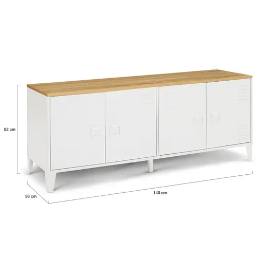 Buffet Bas 140 Cm Ester 4 Portes Métal Blanc Plateau Bois Design Industriel