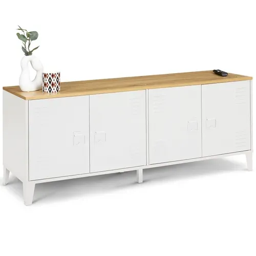 Buffet Bas 140 Cm Ester 4 Portes Métal Blanc Plateau Bois Design Industriel