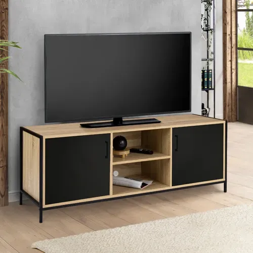 Meuble TV 140 Cm Boston 2 Portes Noires Design Industriel
