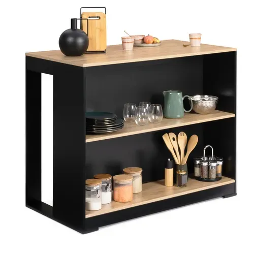 Ensemble Table De Bar Îlot Juno Bois Noir Avec Plateau Façon Hêtre Et 2 Tabourets De Bar Detroit