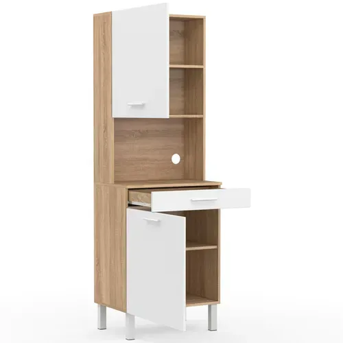 Buffet De Cuisine 60 Cm Cina 2 Portes + Tiroir Façon Hêtre Et Blanc