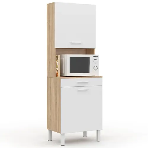 Buffet De Cuisine 60 Cm Cina 2 Portes + Tiroir Façon Hêtre Et Blanc