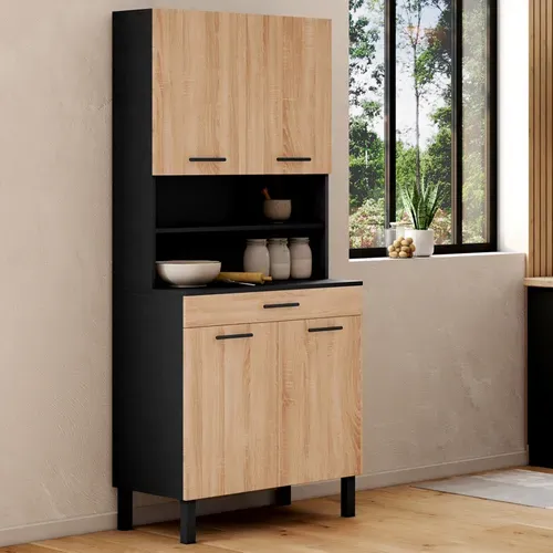 Buffet De Cuisine 80 Cm Cina 4 Portes + Tiroir Noir Et Façon Hêtre