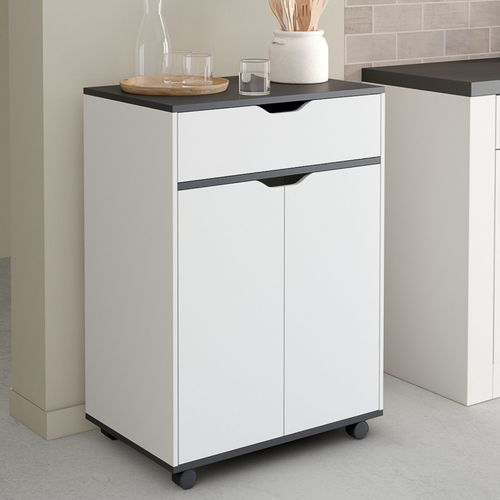 Desserte De Cuisine Cosy Placard Avec Tiroir Bois Blanc Et Plateaux Gris L.60 Cm