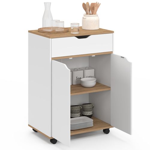 Desserte De Cuisine Cosy Placard Avec Tiroir Bois Blanc Et Plateaux Façon Hêtre L.60 Cm