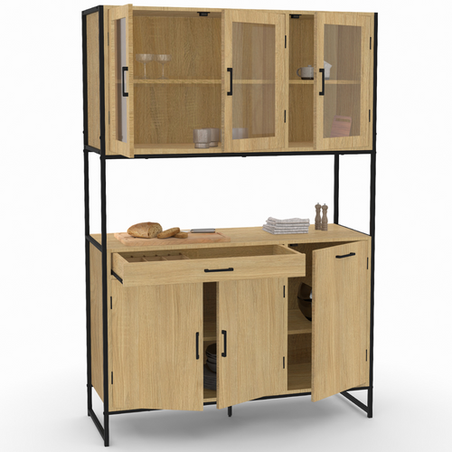 Buffet De Cuisine Vitré 120 Cm Detroit Meuble Vaisselier 6 Portes Design Industriel + Tiroir
