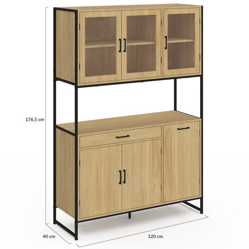 Buffet De Cuisine Vitré 120 Cm Detroit Meuble Vaisselier 6 Portes Design Industriel + Tiroir