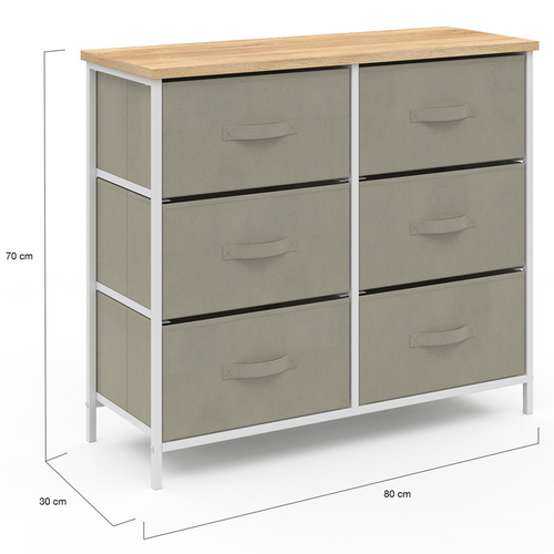Commode 6 Tiroirs En Tissu Alta 80 Cm Gris Clair Et Plateau Effet Bois Design Industriel