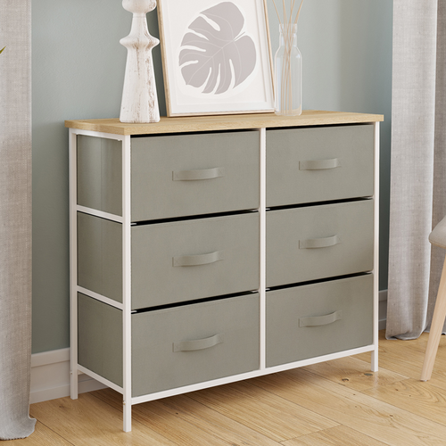 Commode 6 Tiroirs En Tissu Alta 80 Cm Gris Clair Et Plateau Effet Bois Design Industriel