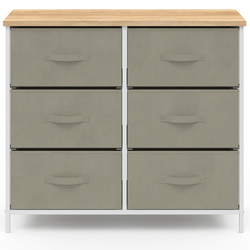 Commode 6 Tiroirs En Tissu Alta 80 Cm Gris Clair Et Plateau Effet Bois Design Industriel