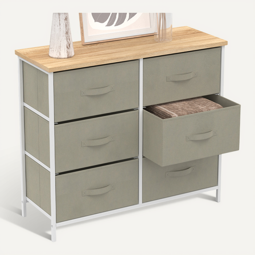 Commode 6 Tiroirs En Tissu Alta 80 Cm Gris Clair Et Plateau Effet Bois Design Industriel