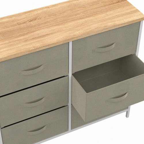 Commode 6 Tiroirs En Tissu Alta 80 Cm Gris Clair Et Plateau Effet Bois Design Industriel