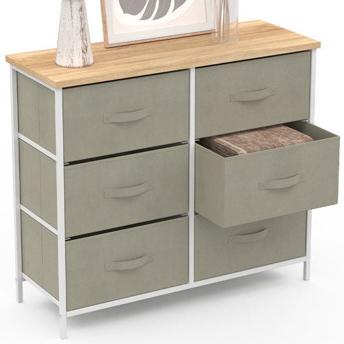 Commode 6 Tiroirs En Tissu Alta 80 Cm Gris Clair Et Plateau Effet Bois Design Industriel