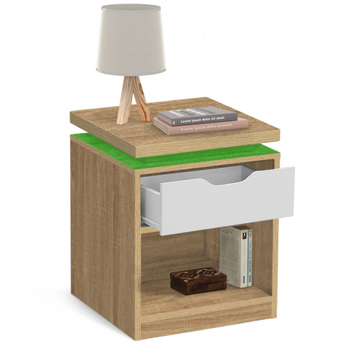 Lot De 2 Tables De Chevet Luna à LEDs 1 Tiroir Avec Niche Hêtre Et Blanc