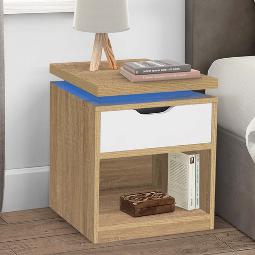 Lot De 2 Tables De Chevet Luna à LEDs 1 Tiroir Avec Niche Hêtre Et Blanc