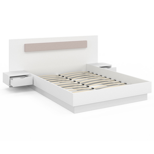 Lit Double Santa Avec Tête De Lit + Tables De Chevet Intégrées Et Sommier 140 X 190 Cm Blanc