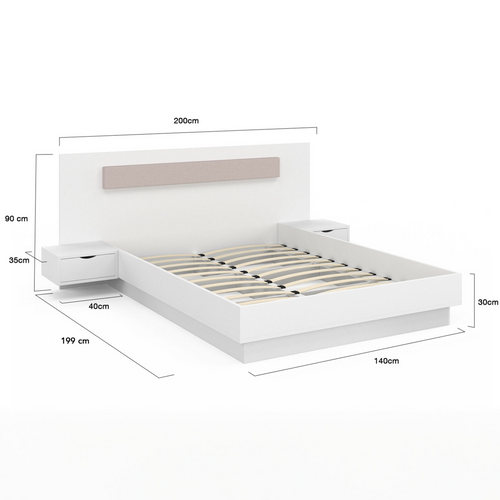 Lit Double Santa Avec Tête De Lit + Tables De Chevet Intégrées Et Sommier 140 X 190 Cm Blanc