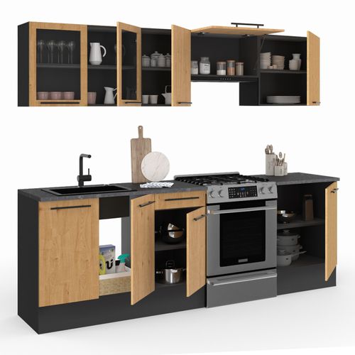 Cuisine Complète 240 Cm Subtil Avec Vitrine + Plan De Travail 7 Éléments Noir Et Façon Hêtre