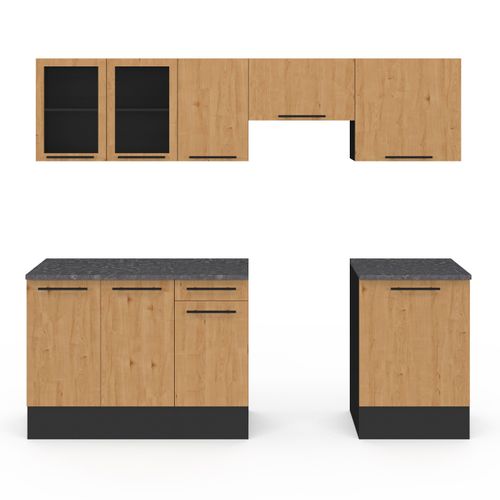 Cuisine Complète 240 Cm Subtil Avec Vitrine + Plan De Travail 7 Éléments Noir Et Façon Hêtre