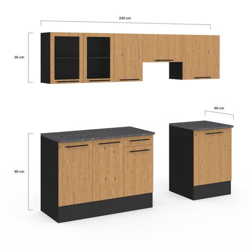 Cuisine Complète 240 Cm Subtil Avec Vitrine + Plan De Travail 7 Éléments Noir Et Façon Hêtre