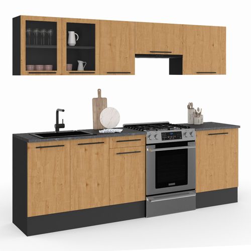 Cuisine Complète 240 Cm Subtil Avec Vitrine + Plan De Travail 7 Éléments Noir Et Façon Hêtre