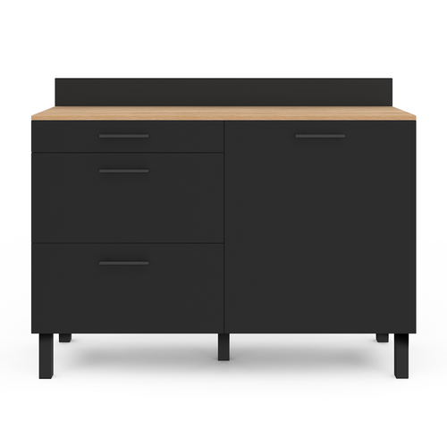 Buffet Bas Casserolier De Cuisine 120 Cm Cina Plan De Travail H.83 Cm 1 Porte + 3 Tiroirs Façon Hêtr